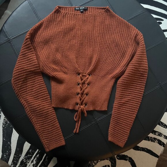 Say What Corset tie front sweater rust color size small - Picture 2 of 4